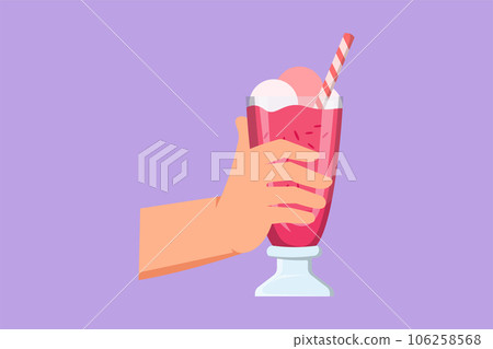 Cartoon flat style drawing hand holds big glass milkshake with a whipped cream, with a straw and slice of orange. Sweet beverage in glass logo, icon, label, symbol. Graphic design vector illustration Cartoon flat style drawing hand holds big glass milkshake with a whipped cream, with a straw and slice of orange. Sweet beverage in glass logo, icon, label, symbol. Graphic design vector illustration 106258568