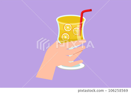 Character flat drawing hand holding glass with lemon fruit juice. Sweet beverage. Tasty and yummy food. Juicy water with straw, delicious treatment organic product. Cartoon design vector illustration Character flat drawing hand holding glass with lemon fruit juice. Sweet beverage. Tasty and yummy food. Juicy water with straw, delicious treatment organic product. Cartoon design vector illustration 106258569
