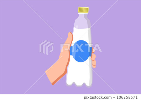 Graphic flat design drawing hand holding water bottle in the park morning sunrise logo, icon symbol. Young woman drinking water after run, sport, health care concept. Cartoon style vector illustration Graphic flat design drawing hand holding water bottle in the park morning sunrise logo, icon symbol. Young woman drinking water after run, sport, health care concept. Cartoon style vector illustration 106258571