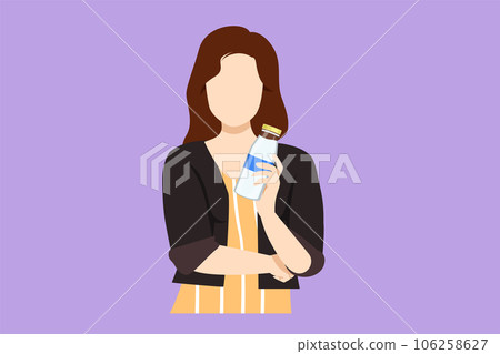 Graphic flat design drawing cheerful woman holds bottle of fresh almond milk shows healthy vegetarian product smiles happily. Food nutrition and healthy fresh milk. Cartoon style vector illustration Graphic flat design drawing cheerful woman holds bottle of fresh almond milk shows healthy vegetarian product smiles happily. Food nutrition and healthy fresh milk. Cartoon style vector illustration 106258627