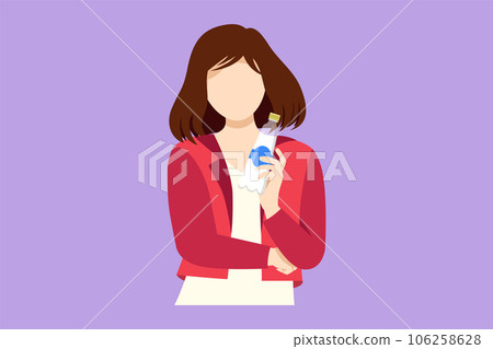 Cartoon flat style drawing beautiful woman holding water in plastic bottle and ready to drink. Relaxing or enjoying life on air. Happy female pose with bottle drink. Graphic design vector illustration Cartoon flat style drawing beautiful woman holding water in plastic bottle and ready to drink. Relaxing or enjoying life on air. Happy female pose with bottle drink. Graphic design vector illustration 106258628