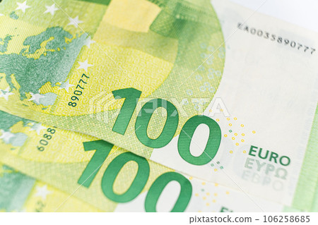One hundred euro banknotes close-up macro money. One hundred euro banknotes close-up macro money. 106258685