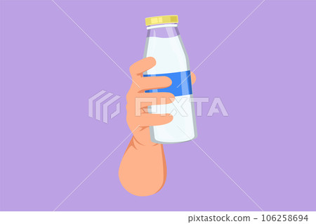 Graphic flat design drawing human hand holding fresh milk on bottle glass packaging healthy drink product. Fresh milk and health food nutrition for children or kids. Cartoon style vector illustration 106258694