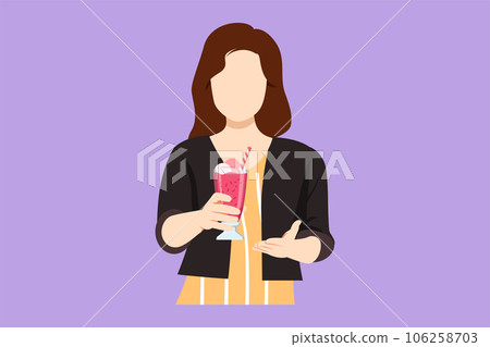 Cartoon flat style drawing young girl holding and showing glass of milkshake in office. Attractive lady having break at work. Drink milkshake with slice of orange. Graphic design vector illustration 106258703