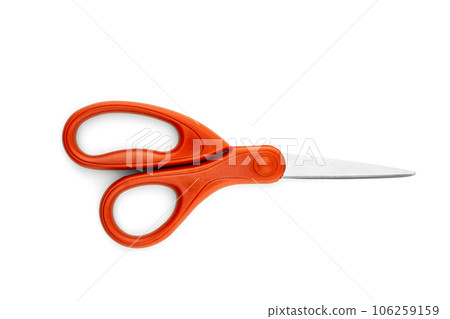 Scissors with plastic red handles isolated on white background , objects copy space 106259159