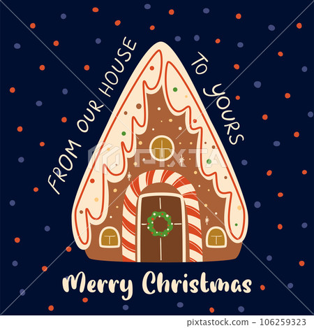 Christmas greeting card with cute gingerbread house on the dark blue background with polka dot vector illustration 106259323