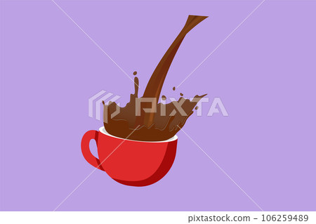 Graphic flat design drawing pouring cup of black coffee creating splash. Coffee spilling out of cup logo icon, label. Pour coffee into porcelain glass with steam cup. Cartoon style vector illustration 106259489