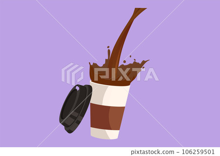 Character flat drawing of pouring coffee into paper cup causing splash. Coffee pouring into disposable paper cup and creating splashes. Zero waste beverage concept. Cartoon design vector illustration 106259501