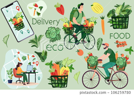 Online order, Courier on bike delivers fresh vegetables and fruits from a virtual grocery market. Mobile app to order grocery. Ecological fast delivery home and office. Vector illustration Online order, Courier on bike delivers fresh vegetables and fruits from a virtual grocery market. Mobile app to order grocery. Ecological fast delivery home and office. Vector illustration 106259780