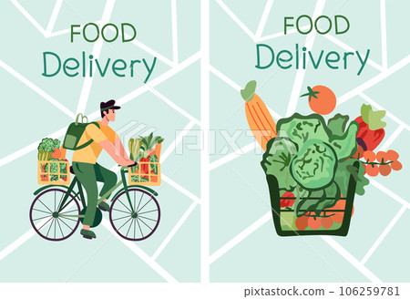 Online order, Courier on bike delivers fresh vegetables and fruits from a virtual grocery market. Ecological fast delivery home and office. Online order tracking. Vector illustration Online order, Courier on bike delivers fresh vegetables and fruits from a virtual grocery market. Ecological fast delivery home and office. Online order tracking. Vector illustration 106259781