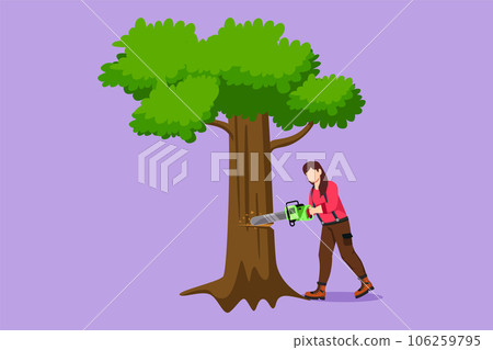 Graphic flat design drawing woman logger sawing log, tree in forest. Wood industry worker with saw in hands. Female lumberjack cut timber wood, woodcutter occupation. Cartoon style vector illustration Graphic flat design drawing woman logger sawing log, tree in forest. Wood industry worker with saw in hands. Female lumberjack cut timber wood, woodcutter occupation. Cartoon style vector illustration 106259795