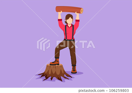 Graphic flat design drawing beautiful woman lumberjack holding and lifting up downed log. Wearing suspender shirt, jeans and boot, posing with one foot on tree stump. Cartoon style vector illustration 106259803