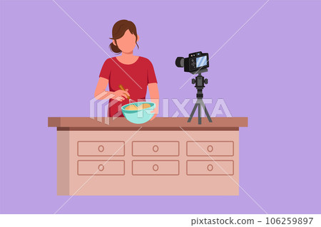 Character flat drawing beautiful woman in kitchen preparing dessert at home, stirring dough with spatula. Cooking live streaming icon. Blogger prepares meal online. Cartoon design vector illustration 106259897