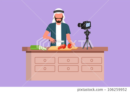 Character flat drawing young Arabian chef standing in kitchen and cutting onion while filming himself for blog channel. On kitchen counter are vegetables and spices. Cartoon design vector illustration Character flat drawing young Arabian chef standing in kitchen and cutting onion while filming himself for blog channel. On kitchen counter are vegetables and spices. Cartoon design vector illustration 106259952