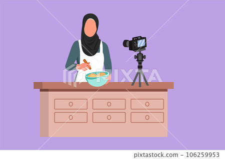 Character flat drawing beautiful Arabian woman preparing dessert at kitchen, stirring dough with spatula. Cooking live streaming. Pretty blogger prepare meal online. Cartoon design vector illustration Character flat drawing beautiful Arabian woman preparing dessert at kitchen, stirring dough with spatula. Cooking live streaming. Pretty blogger prepare meal online. Cartoon design vector illustration 106259953