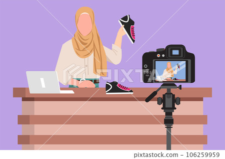 Graphic flat design drawing beautiful Arab female fashion blogger talking about trendy sneakers while making video for her blog. Blogging about new products, trends. Cartoon style vector illustration 106259959