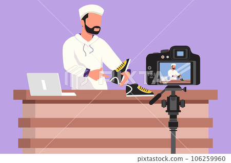 Graphic flat design drawing Arabian male blogger makes video review on camera on topic of sneakers. Online shopping, social media and influencer concept, logo, icon. Cartoon style vector illustration Graphic flat design drawing Arabian male blogger makes video review on camera on topic of sneakers. Online shopping, social media and influencer concept, logo, icon. Cartoon style vector illustration 106259960