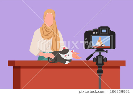 Graphic flat design drawing Arab vet blogger sitting in front of camera with cats and recording video blog about animals. Zoo psychologist creating content for vlog. Cartoon style vector illustration 106259961