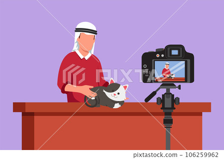 Graphic flat design drawing young Arab teenage man pet blogger. Arabian boy with cat recording video on camera. Hobbies and leisure, blogging about pet, animal lover. Cartoon style vector illustration Graphic flat design drawing young Arab teenage man pet blogger. Arabian boy with cat recording video on camera. Hobbies and leisure, blogging about pet, animal lover. Cartoon style vector illustration 106259962