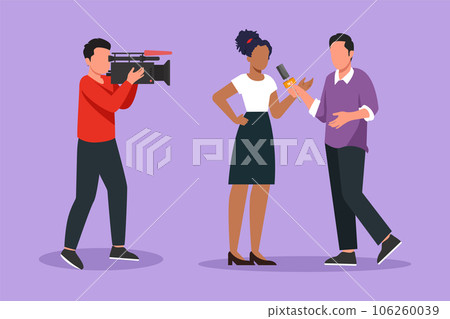 Graphic flat design drawing journalist, operator interview television program news. TV host, reporter, cameraman questioning woman. Video recording show broadcasting. Cartoon style vector illustration Graphic flat design drawing journalist, operator interview television program news. TV host, reporter, cameraman questioning woman. Video recording show broadcasting. Cartoon style vector illustration 106260039
