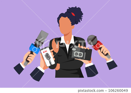 Cartoon flat style drawing young pretty woman giving an interview. Hands of journalists holds microphones. Concept of news, election, interviews, comments, politics. Graphic design vector illustration Cartoon flat style drawing young pretty woman giving an interview. Hands of journalists holds microphones. Concept of news, election, interviews, comments, politics. Graphic design vector illustration 106260049