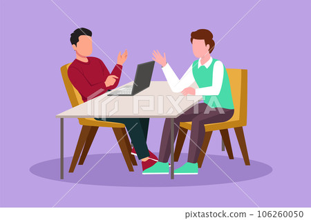 Cartoon flat style drawing male interviewing famous person in studio for tv show. Concept of television or internet broadcast with journalist talking to celebrity. Graphic design vector illustration 106260050