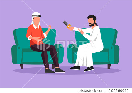 Cartoon flat style drawing Arab journalist interview with famous person. Television, internet broadcast Arab journalist talks to celebrity. Journalist, interviewer. Graphic design vector illustration 106260063