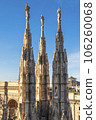 The spires and pinnacle sculptures on the roof of the Milan Cathedral 106260068