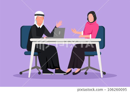 Cartoon flat style drawing Arabian man journalist interviewing girl at desk. Live stream, tv show. Journalist talking to guest. Broadcaster news at tv studio icon. Graphic design vector illustration Cartoon flat style drawing Arabian man journalist interviewing girl at desk. Live stream, tv show. Journalist talking to guest. Broadcaster news at tv studio icon. Graphic design vector illustration 106260095
