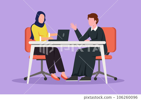 Character flat drawing beauty Arabian woman journalist interviewing young businessman at desk. Microphone, discussion, speech. Social media, communication concept. Cartoon design vector illustration 106260096