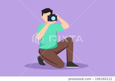 Graphic flat design drawing front view of happy photographer is taking photo using dslr camera. Male character standing full length and shooting. Studio photography. Cartoon style vector illustration 106260122