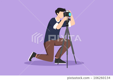 Cartoon flat style drawing professional photographer man kneeling for taking pictures with digital camera and tripod. Digital photography hobby logo, icon, symbol. Graphic design vector illustration Cartoon flat style drawing professional photographer man kneeling for taking pictures with digital camera and tripod. Digital photography hobby logo, icon, symbol. Graphic design vector illustration 106260134