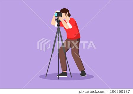Character flat drawing of beautiful professional woman photographer with camera pose, female take photo shots, paparazzi, journalist occupation, digital photography. Cartoon design vector illustration 106260187