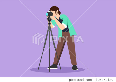 Graphic flat design drawing beautiful woman paparazzi or photographer shooting appearance of show business stars or other celebrities with tripod. Female with camera. Cartoon style vector illustration 106260189