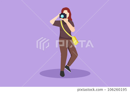 Cartoon flat style drawing beautiful woman with camera and sling bag taking pictures. Female paparazzi or journalist occupation, digital photography hobby activity. Graphic design vector illustration Cartoon flat style drawing beautiful woman with camera and sling bag taking pictures. Female paparazzi or journalist occupation, digital photography hobby activity. Graphic design vector illustration 106260195