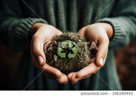 Recycle sign on a soil lump held by two hands. Generative AI Recycle sign on a soil lump held by two hands. Generative AI 106260443