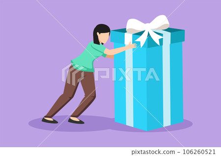Character flat drawing young woman pushes in front of her huge gift . Giving gifts for holiday concept. Wrapped birthday gift box with bow. Present, gift, birthday. Cartoon design vector illustration Character flat drawing young woman pushes in front of her huge gift . Giving gifts for holiday concept. Wrapped birthday gift box with bow. Present, gift, birthday. Cartoon design vector illustration 106260521