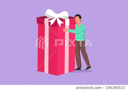 Cartoon flat style drawing businessman hugging huge birthday gift. Happy satisfied man standing near big wrapped birthday gift box with bow. Present, gift, birthday. Graphic design vector illustration Cartoon flat style drawing businessman hugging huge birthday gift. Happy satisfied man standing near big wrapped birthday gift box with bow. Present, gift, birthday. Graphic design vector illustration 106260522