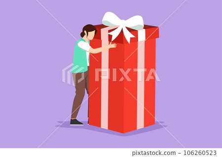 Character flat drawing of happy beautiful girl hugging huge birthday gift. Young satisfied woman standing near wrapped birthday gift box with bow. Present, birthday. Cartoon design vector illustration Character flat drawing of happy beautiful girl hugging huge birthday gift. Young satisfied woman standing near wrapped birthday gift box with bow. Present, birthday. Cartoon design vector illustration 106260523