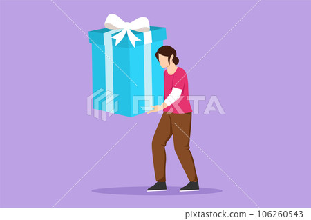 Graphic flat design drawing happy woman carrying big present box. Creative idea of earning reward, gift, or prize. Concept of celebration of best worker at company. Cartoon style vector illustration 106260543