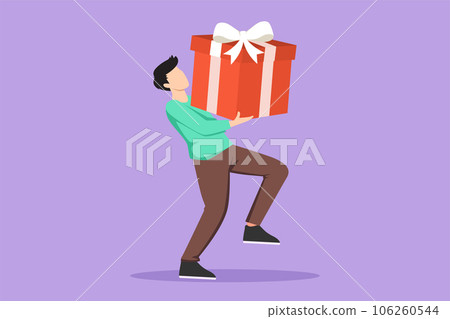 Cartoon flat style drawing young male carry big gift box. Man carrying large gift box. Bonus or special offer. Present from office or company. Celebration concept. Graphic design vector illustration 106260544