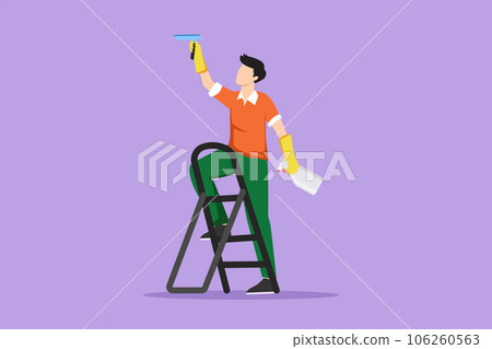 Cartoon flat style drawing man cleaner standing on ladder, washing with sponge. Cleaning service job, cleaning tools, washing sponge, house cleaning and housework. Graphic design vector illustration Cartoon flat style drawing man cleaner standing on ladder, washing with sponge. Cleaning service job, cleaning tools, washing sponge, house cleaning and housework. Graphic design vector illustration 106260563