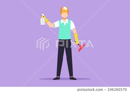 Character flat drawing man cleaning and tidying home, male wiping window glass with detergents and special supplies. Cleanup and housekeeping of apartment or house. Cartoon design vector illustration Character flat drawing man cleaning and tidying home, male wiping window glass with detergents and special supplies. Cleanup and housekeeping of apartment or house. Cartoon design vector illustration 106260570