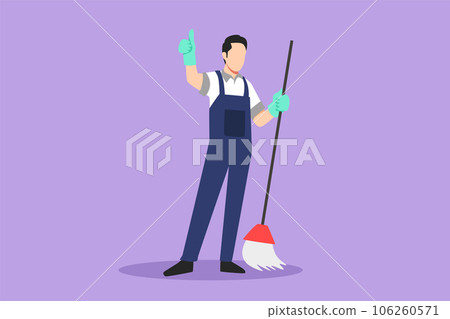 Character flat drawing of smiling male cleaning company staff member holding broom and showing thumbs up gesture. Happy cleaning activity day. Cleaning company logo. Cartoon design vector illustration Character flat drawing of smiling male cleaning company staff member holding broom and showing thumbs up gesture. Happy cleaning activity day. Cleaning company logo. Cartoon design vector illustration 106260571