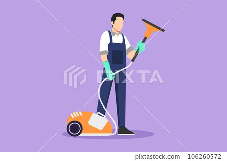 Graphic flat design drawing young man works at home, do cleaning in jumpsuit. Active male with vacuum cleaner. Household home appliances. Disinfection and cleaning. Cartoon style vector illustration Graphic flat design drawing young man works at home, do cleaning in jumpsuit. Active male with vacuum cleaner. Household home appliances. Disinfection and cleaning. Cartoon style vector illustration 106260572