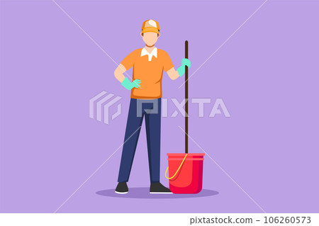 Graphic flat design drawing young man standing with buckets and mops. Cleaning service. Male dressed in uniform with cleaning equipment. Professional cleaning staff. Cartoon style vector illustration Graphic flat design drawing young man standing with buckets and mops. Cleaning service. Male dressed in uniform with cleaning equipment. Professional cleaning staff. Cartoon style vector illustration 106260573
