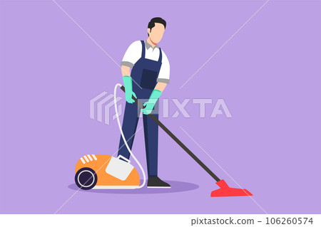 Graphic flat design drawing of active man with vacuum cleaners of various types isolated on blue background. Washing and cleaning service. Disinfection and cleaning. Cartoon style vector illustration Graphic flat design drawing of active man with vacuum cleaners of various types isolated on blue background. Washing and cleaning service. Disinfection and cleaning. Cartoon style vector illustration 106260574