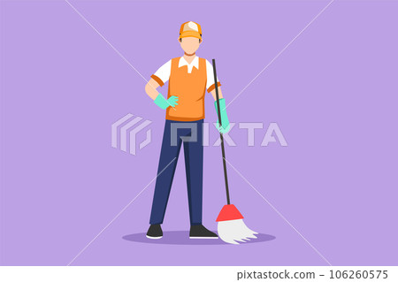 Graphic flat design drawing smiling young male janitor standing in uniform, sweeping floor with broom, professional cleaning, home and office professional services. Cartoon style vector illustration Graphic flat design drawing smiling young male janitor standing in uniform, sweeping floor with broom, professional cleaning, home and office professional services. Cartoon style vector illustration 106260575