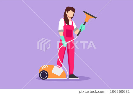 Character flat drawing young beautiful woman works at home, do cleaning in work uniform. Home vacuum cleaner. Household home appliances. Disinfection and cleaning. Cartoon design vector illustration 106260681