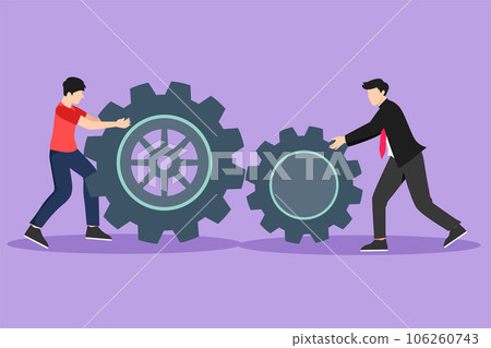 Graphic flat design drawing two businessman pushing big cogs together. Teamwork cooperation in gears mechanism. Young men work on push gears, teamwork or leadership. Cartoon style vector illustration Graphic flat design drawing two businessman pushing big cogs together. Teamwork cooperation in gears mechanism. Young men work on push gears, teamwork or leadership. Cartoon style vector illustration 106260743